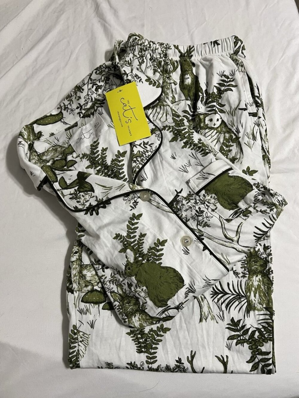NWT The Cats Pajamas Woodside Set Green White Rabbit Owl Deer Size XL Pockets